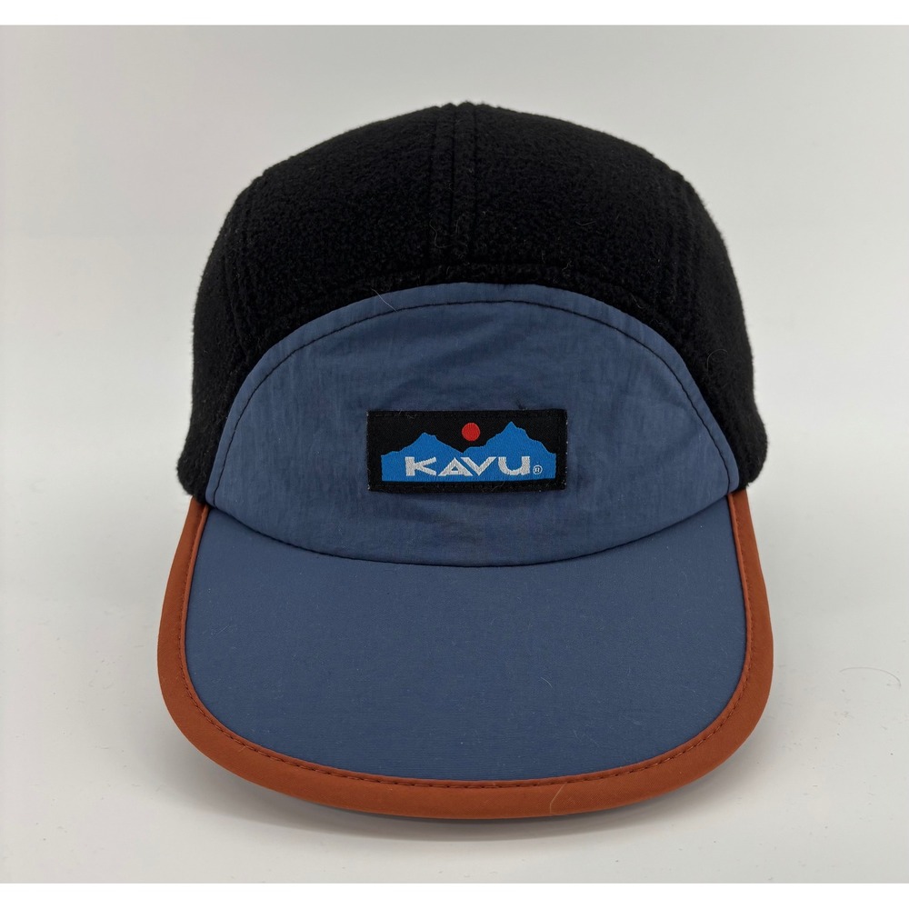 KAVU Klamath Fleece Cap Unisex OSFM Black Fleece Body Blue Nylon Front Panel